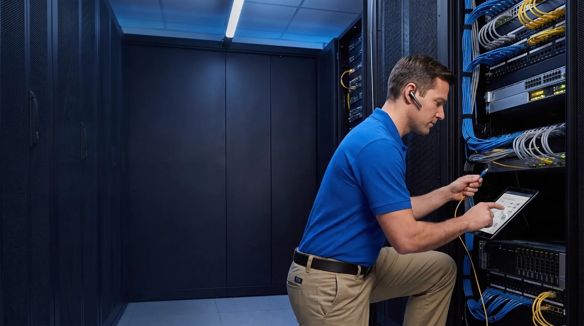 Field technician configuring network equipment while coordinating with a remote engineer